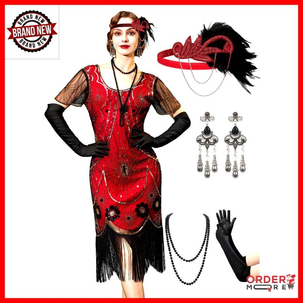1920s Flapper Dress with Accessories Set, Mesh Fabric, Sequin Beading, Fringe
